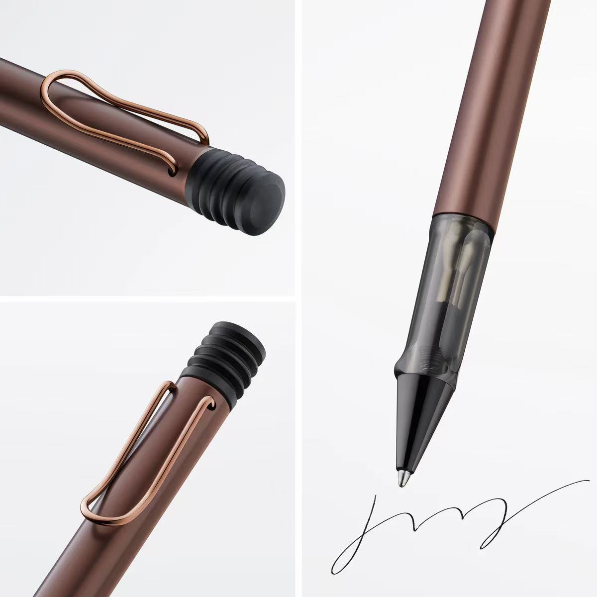 Close-up of a brown pen with a black cap on a light gray background