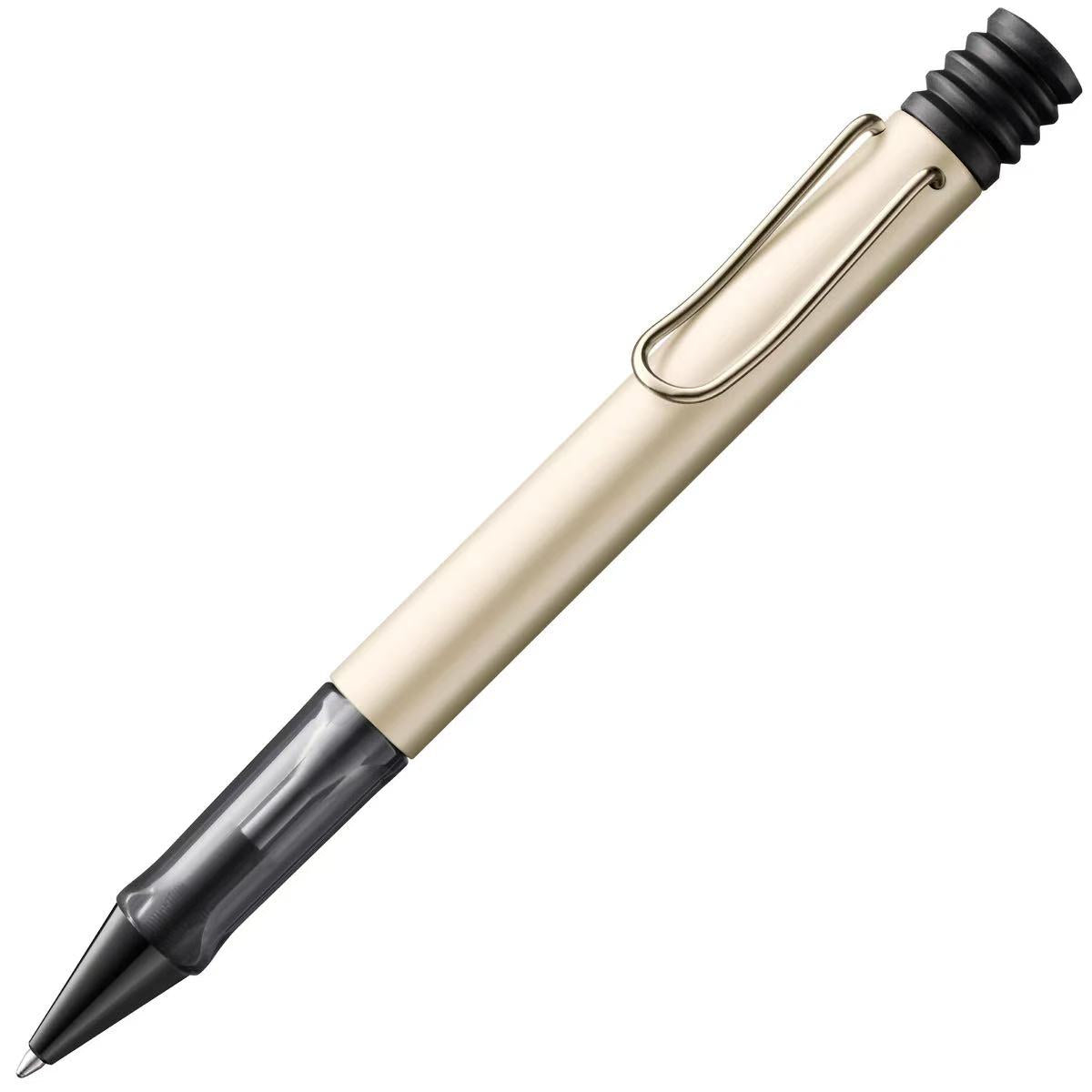 Pen with beige body and black accents on a white background