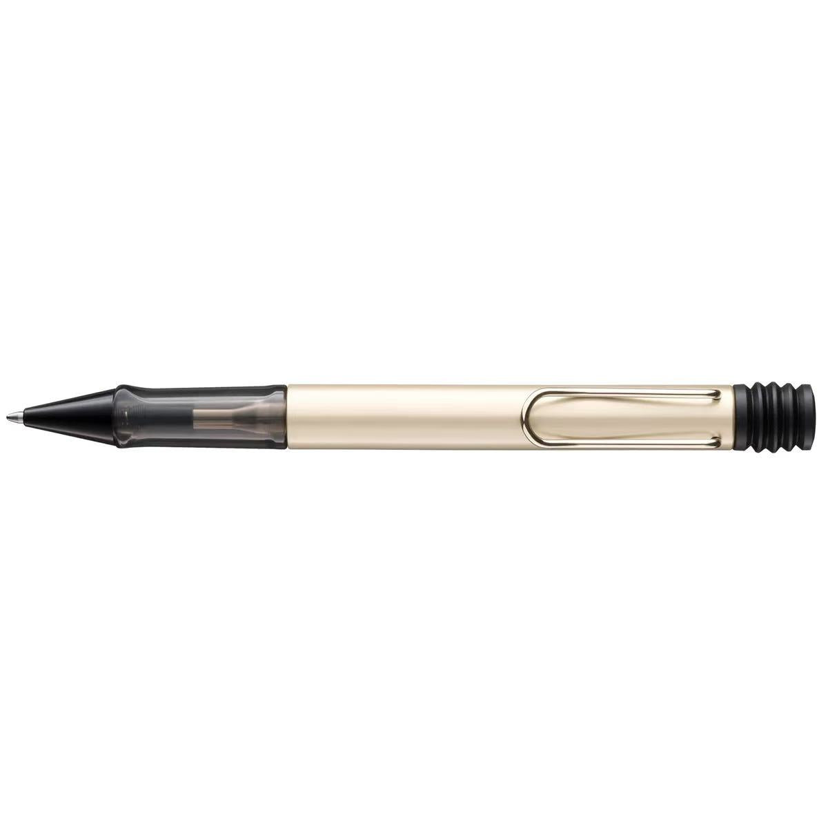 Pen with a beige body and black accents on a white background