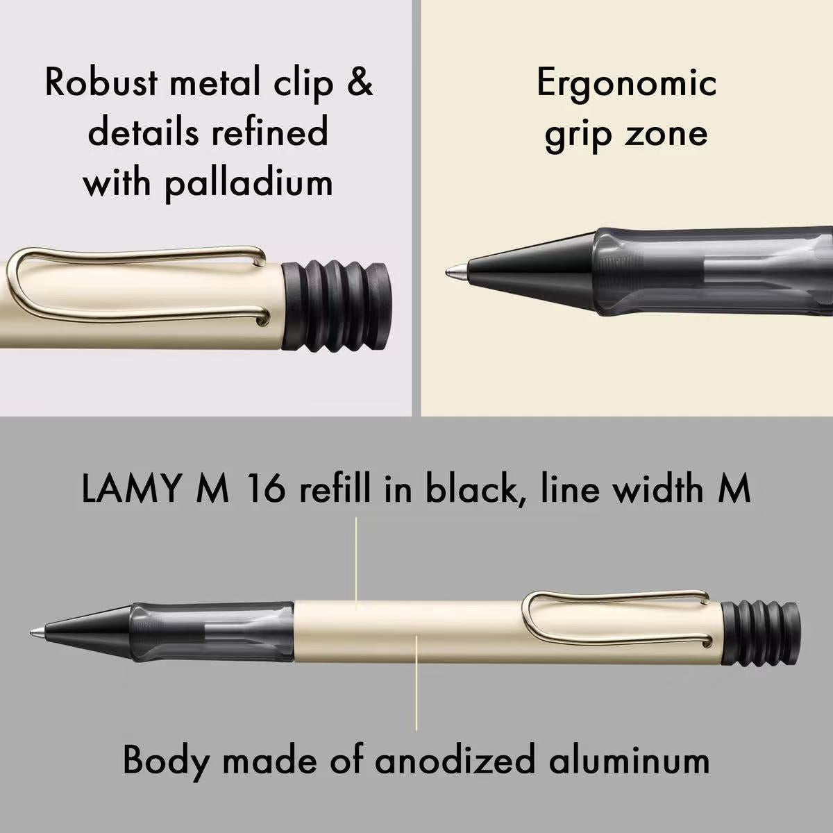 Lamy pen with features highlighted on a gray background