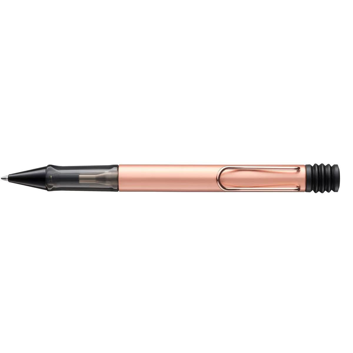 Rose gold pen with black accents on a white background