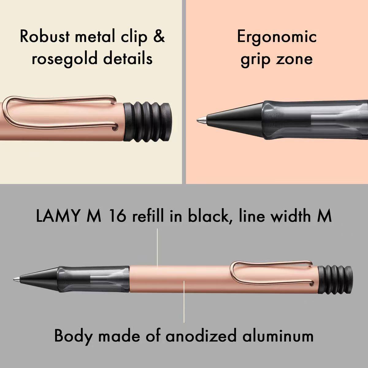 Rose gold pen with text highlighting features like metal clip, ergonomic grip, and refill details.