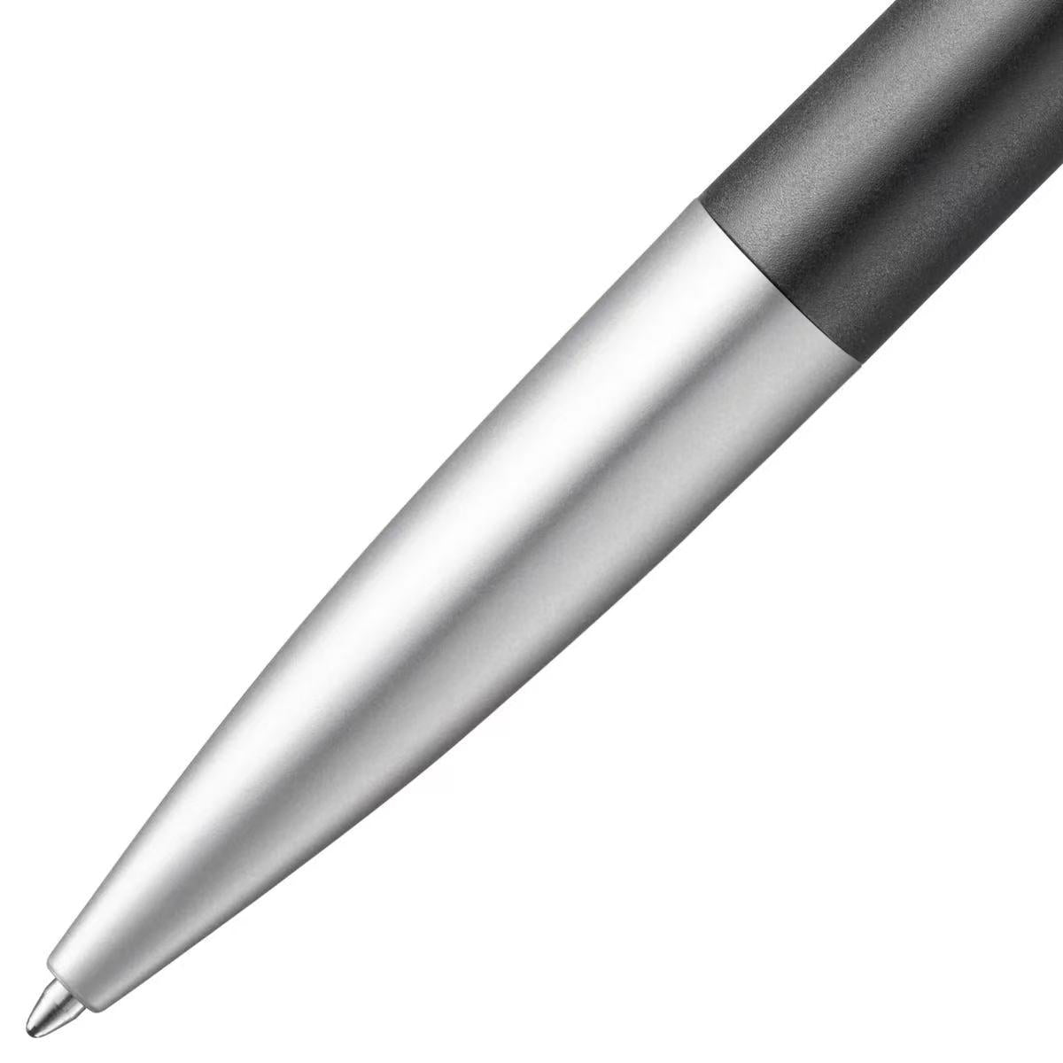 Close-up of LAMY logo ballpoint pen black-silver