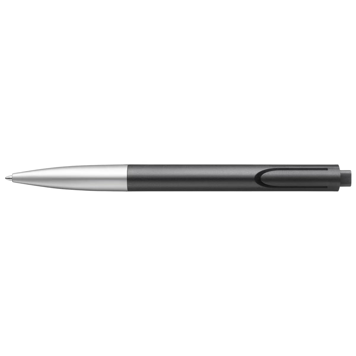 Pen with black and silver design on a white background