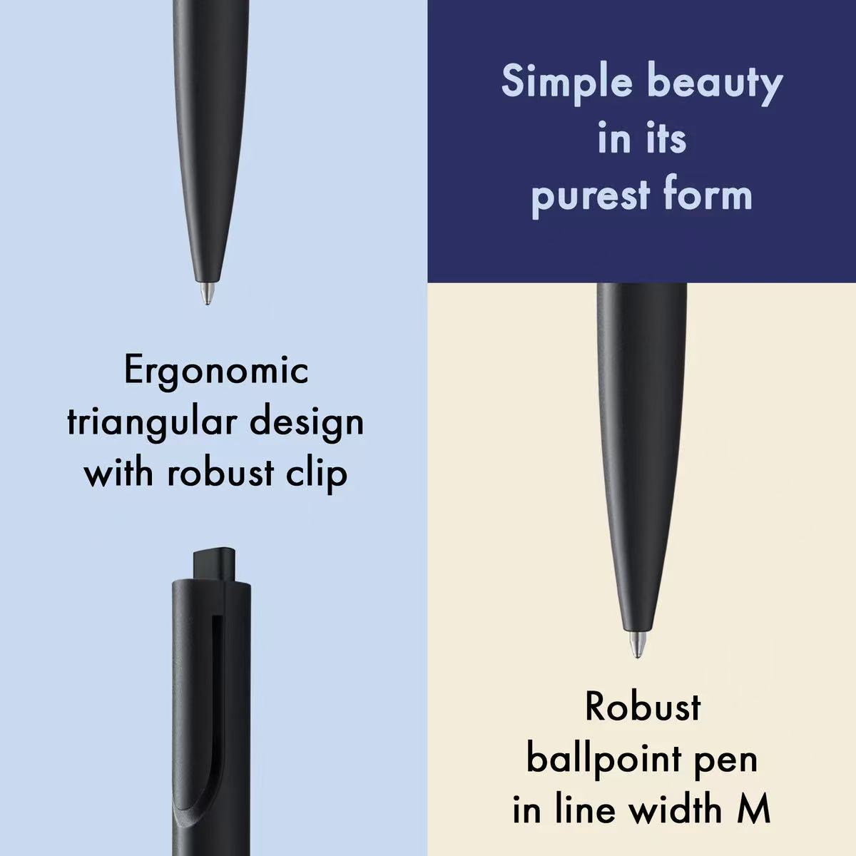 LAMY noto Black ballpoint pen with text describing its design