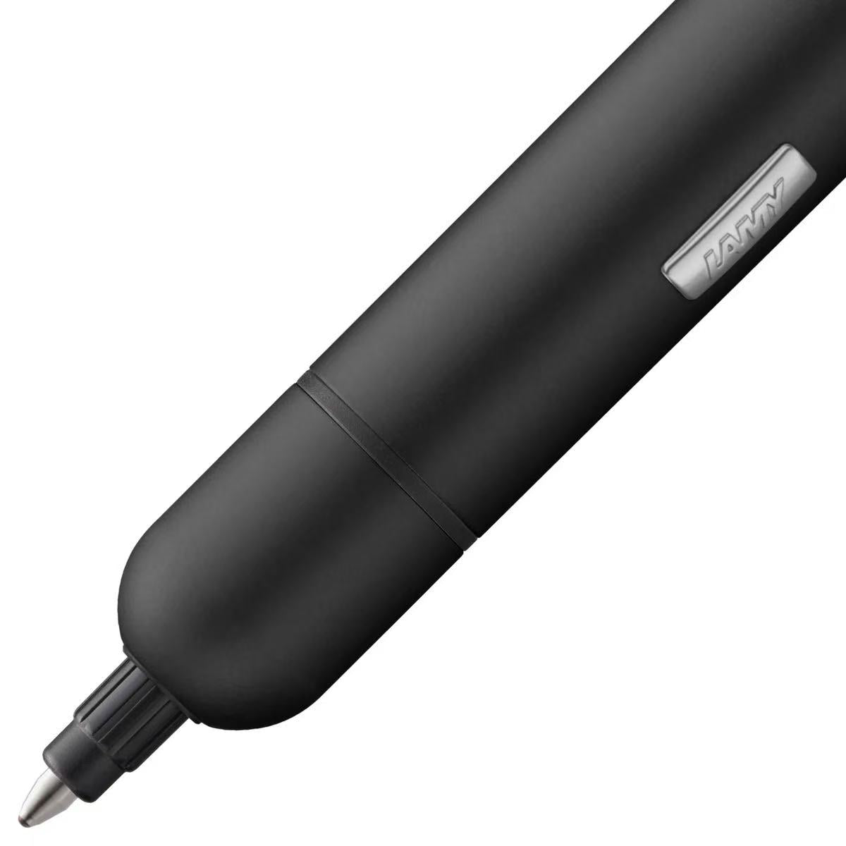 Black pen with a visible brand logo on a white background