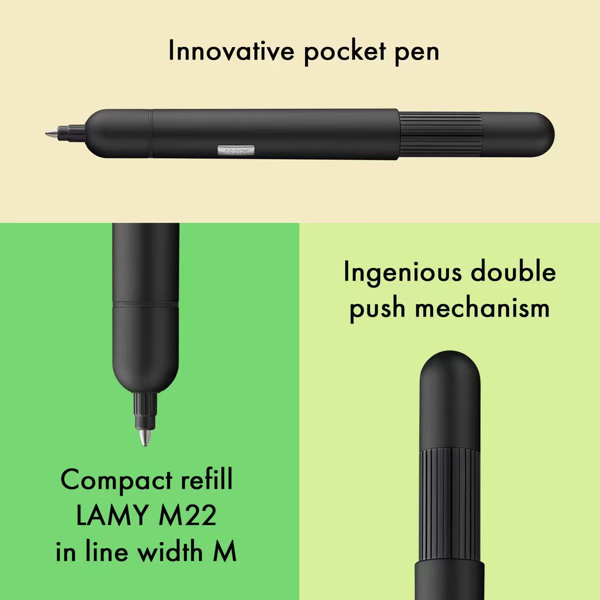 Innovative pocket pen with double push mechanism and LAMY M22 refill on a green and beige background.