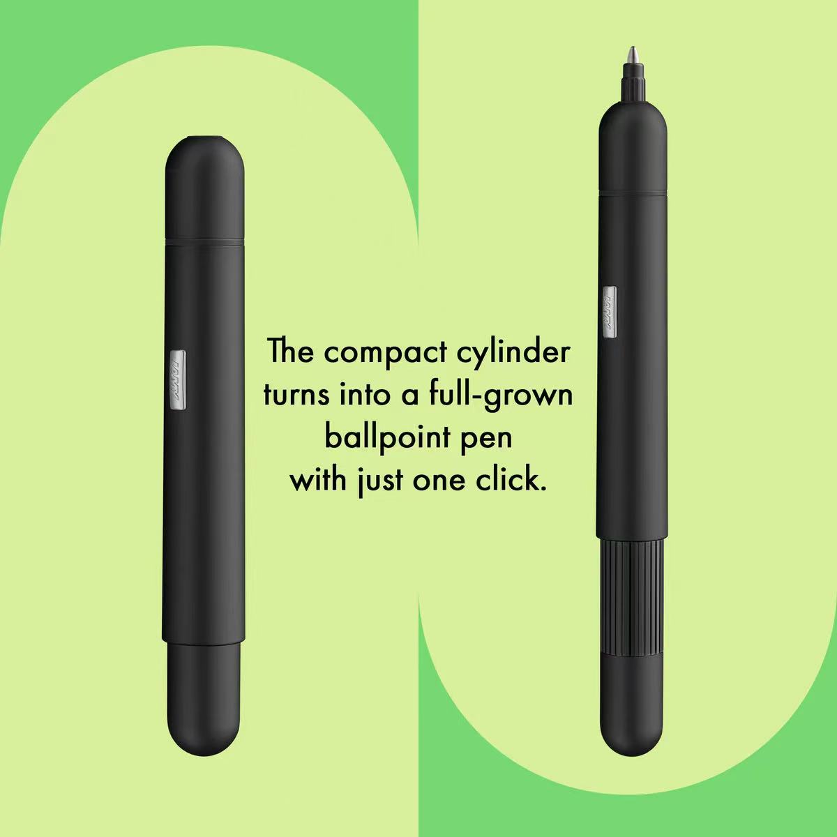 Black compact cylinder pen transforming into a full-sized ballpoint pen on a green background