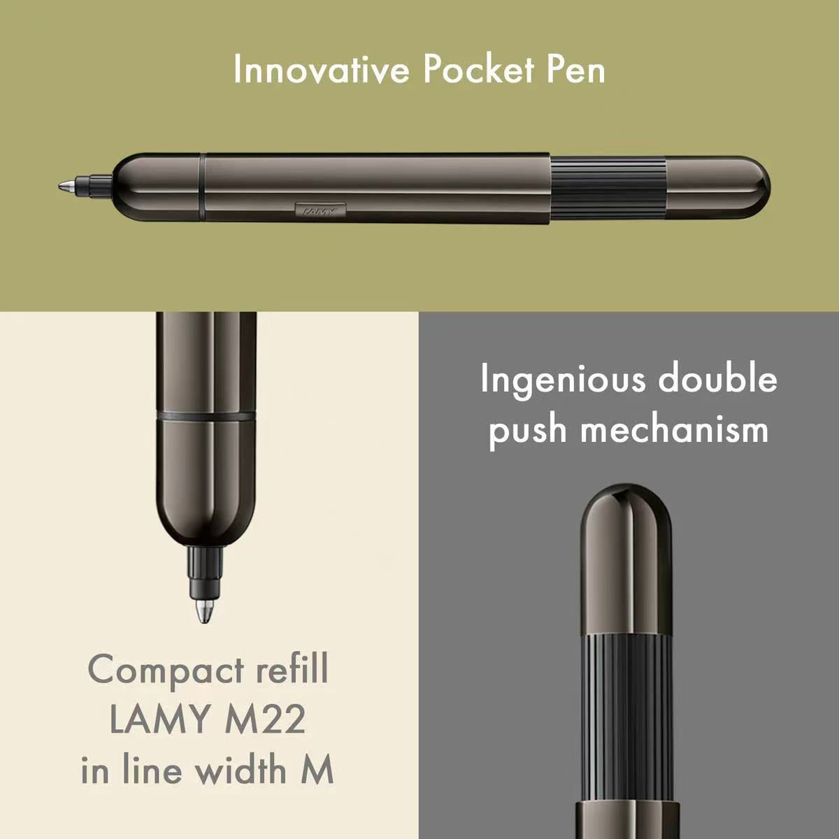Innovative pocket pen with double push mechanism and LAMY M22 refill on a green and beige background.