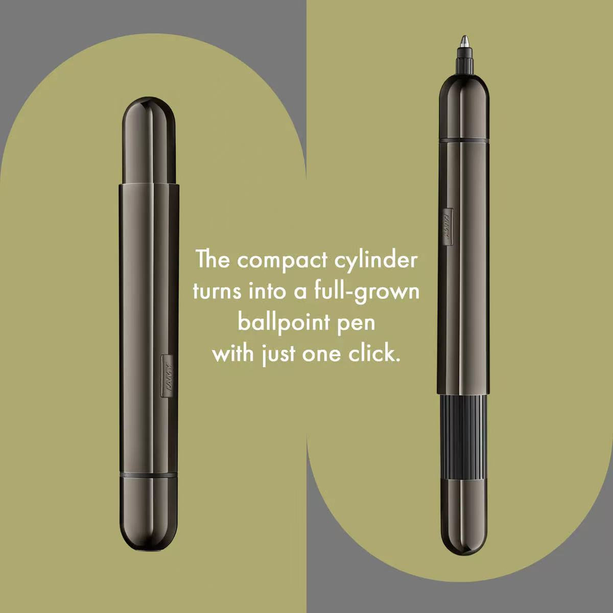 Compact cylindrical pen transforming into a full-sized ballpoint pen on a green background