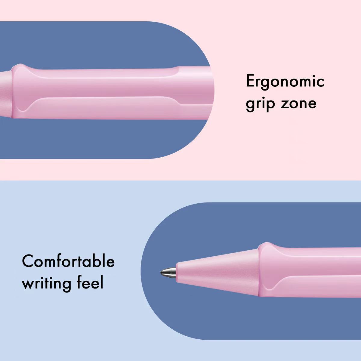 Close-up of a LAMY safari light rose ballpoint pen with ergonomic grip zone and comfortable writing feel text on a blue background