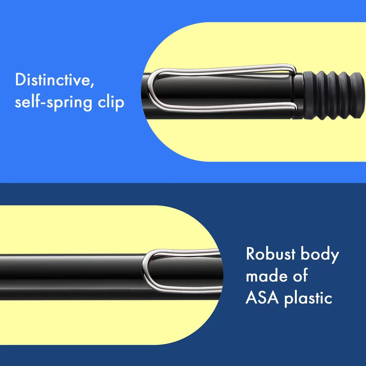 Close-up of a dart with a self-spring clip and ASA plastic body on a blue and yellow background.