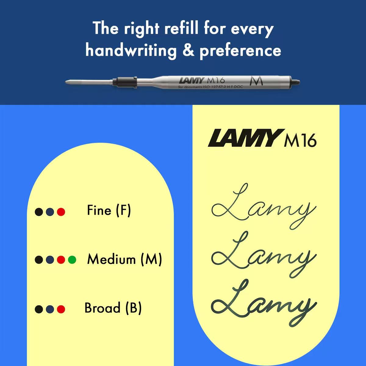Lamy M16 pen with refill options on a blue background