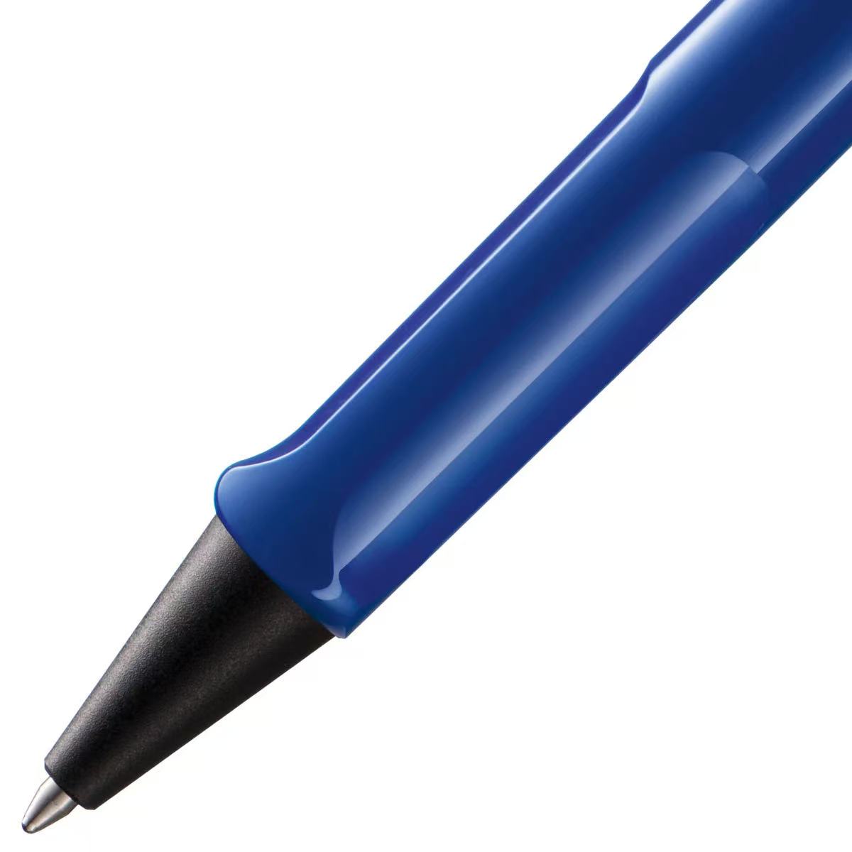closeup of grip of LAMY safari shiny blue ballpoint pen