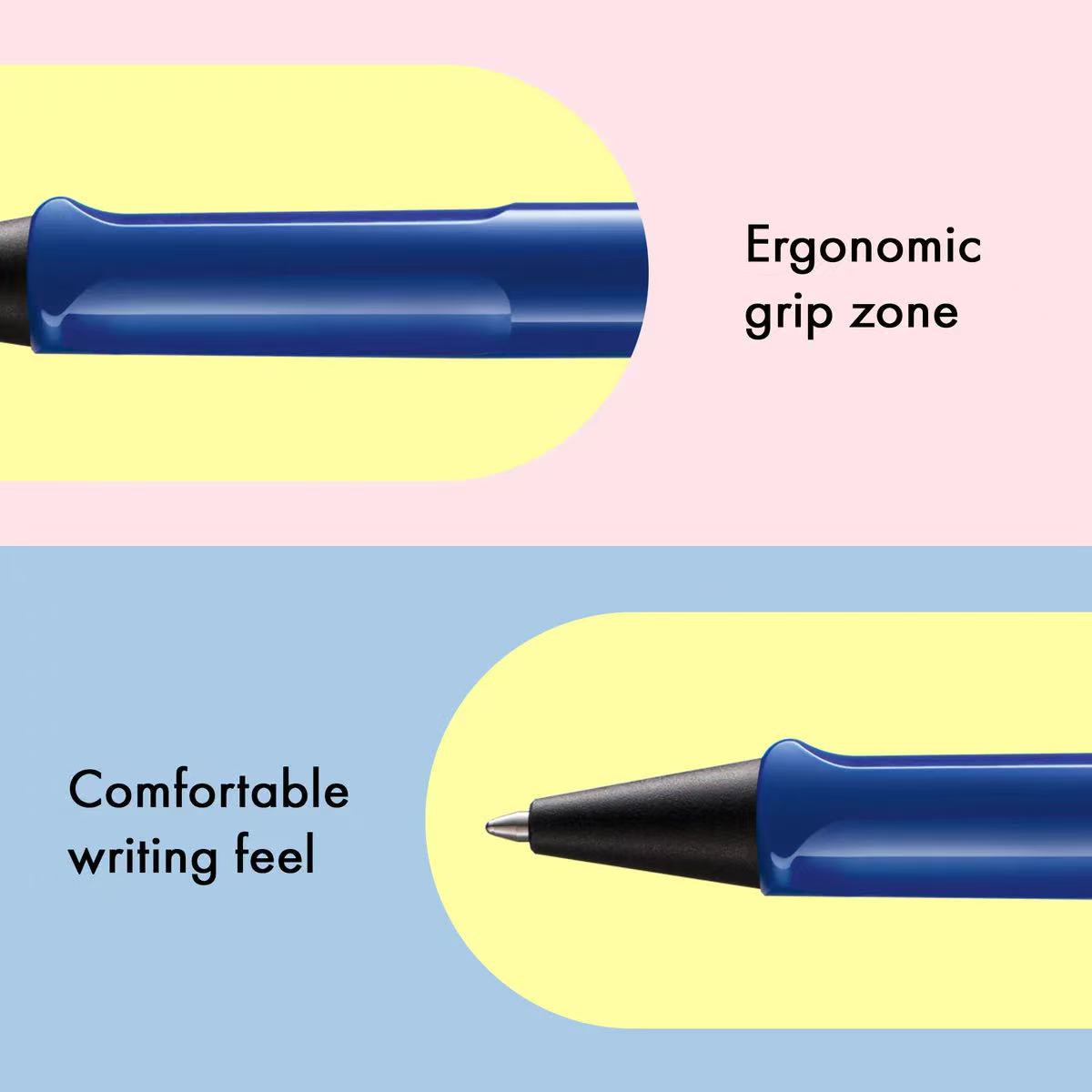 Ergonomic grip zone and comfortable writing feel of a LAMY safari shiny blue ballpoint pen on a colorful background