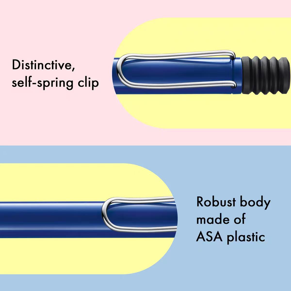 LAMY safari shiny blue ballpoint pen with self-spring clip feature and ASA plastic body on a colorful background