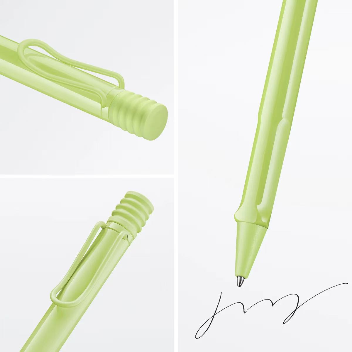 Green pen with a signature on a light gray background