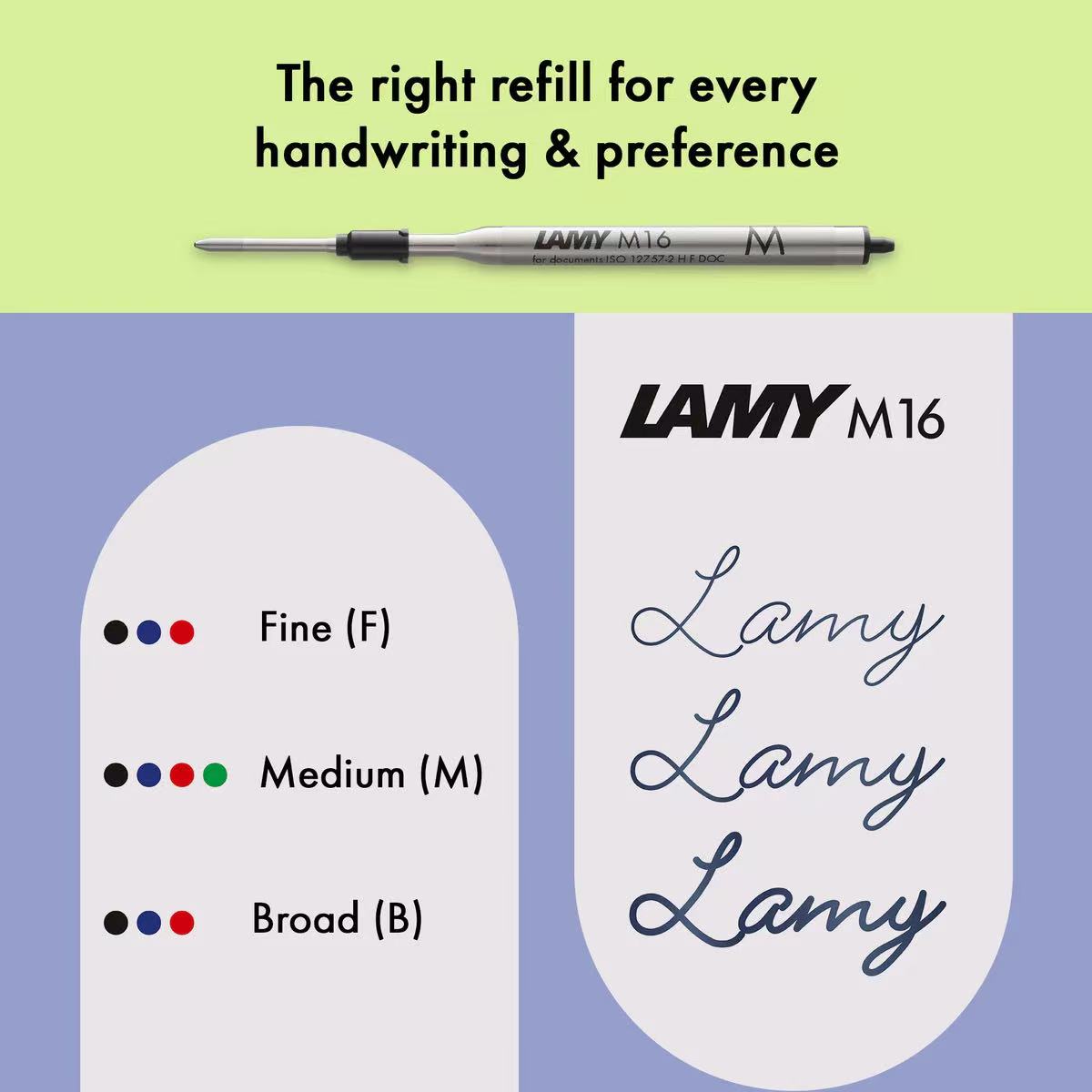 Lamy M16 pen refill with size options and Lamy branding on a colorful background