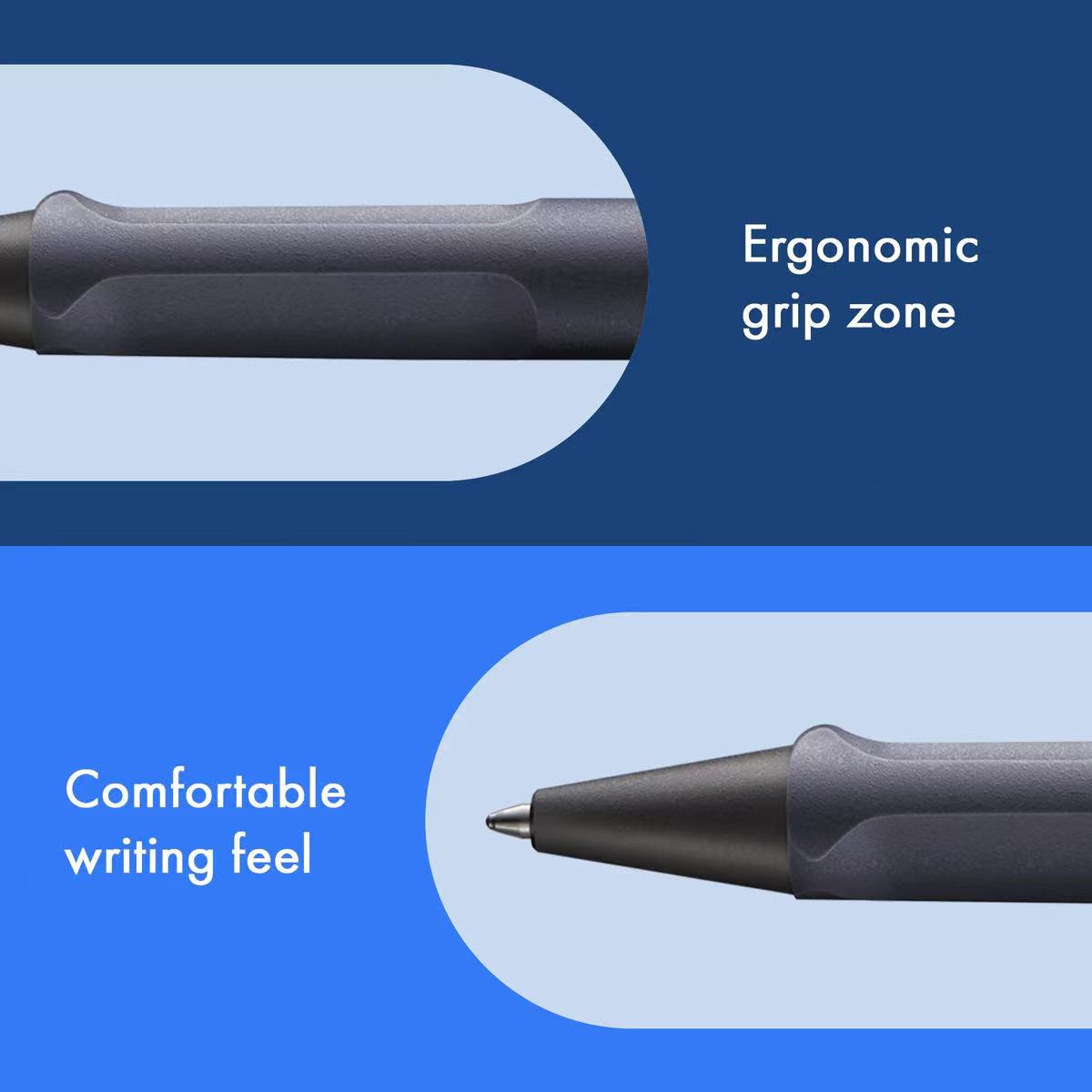 LAMY safari steel black ballpoint pen with Ergonomic pen design with highlighted grip zone and writing feel on a blue background