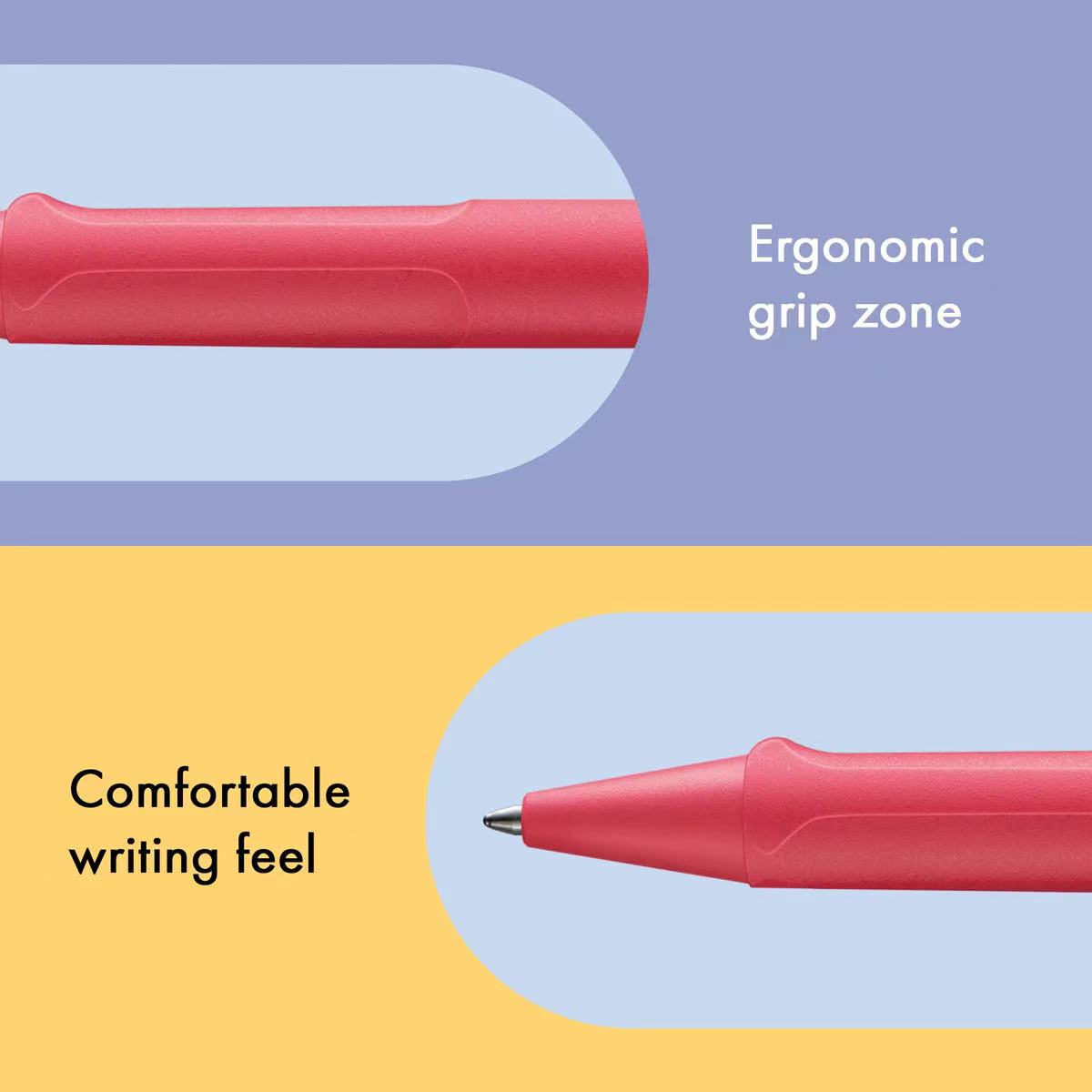 Red pen with ergonomic grip zone and comfortable writing feel on a multicolored background