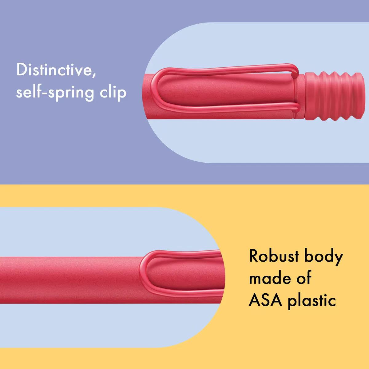 Red clip with text highlighting 'Distinctive, self-spring clip' and 'Robust body made of ASA plastic' on a two-tone background.