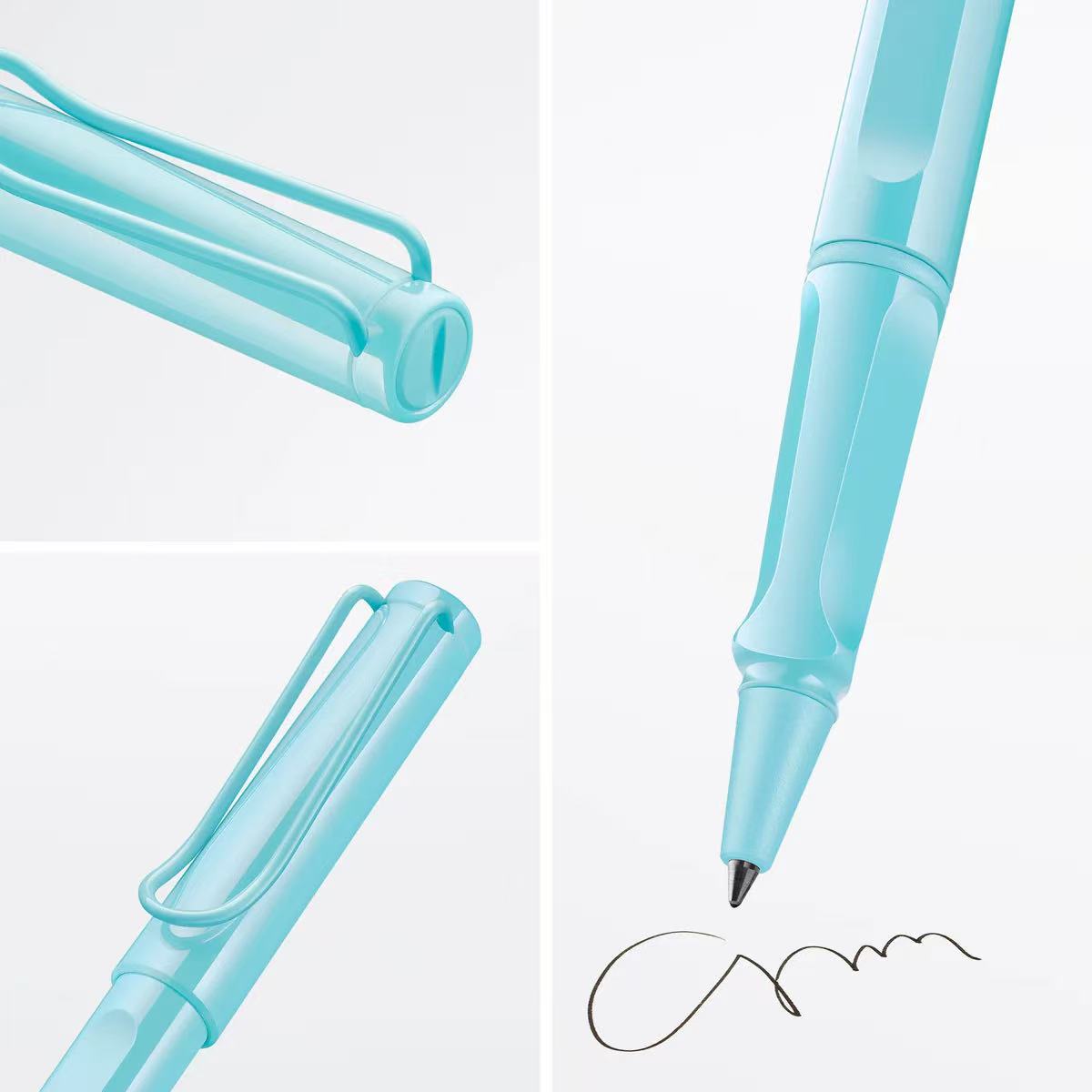 LAMY safari aquasky rollerball pen  with a signature on a white background