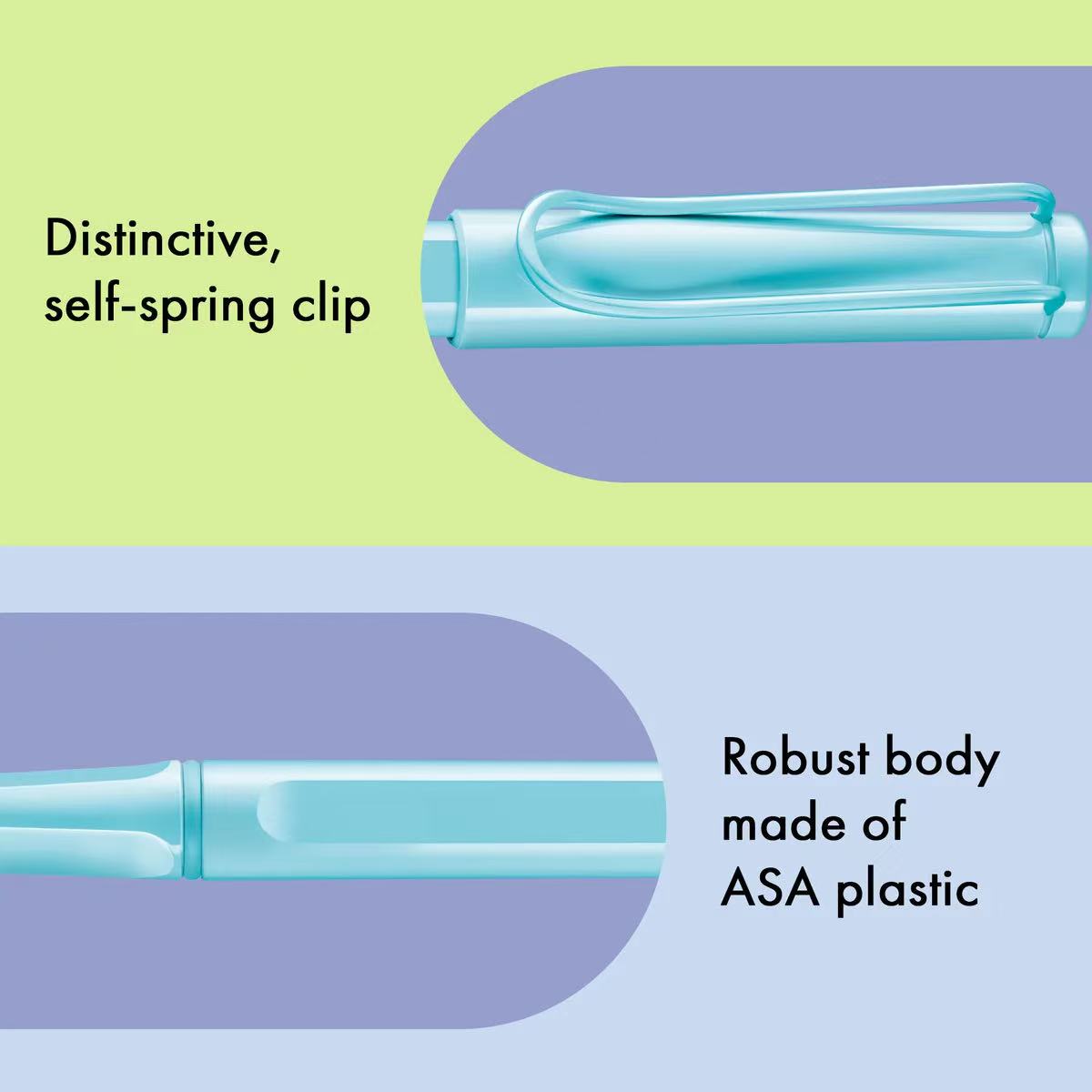 LAMY safari aquasky rollerball pen with self-spring clip and ASA plastic body.