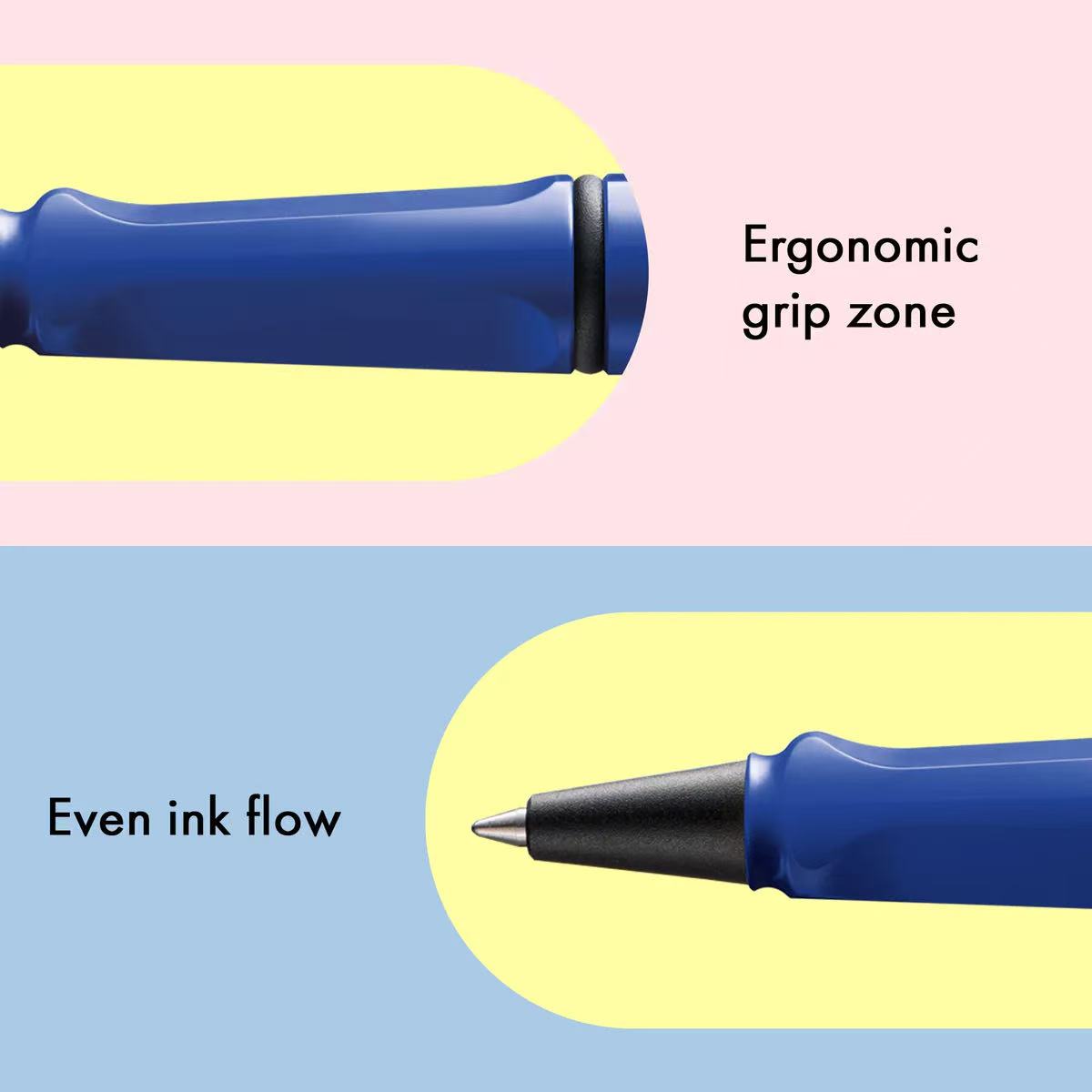 LAMY safari blue rollerball pen with ergonomic grip zone and even ink flow 