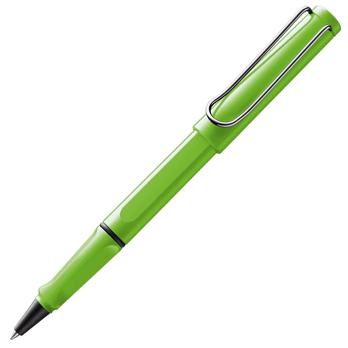 LAMY safari Green rollerball pen with a silver clip on a white background