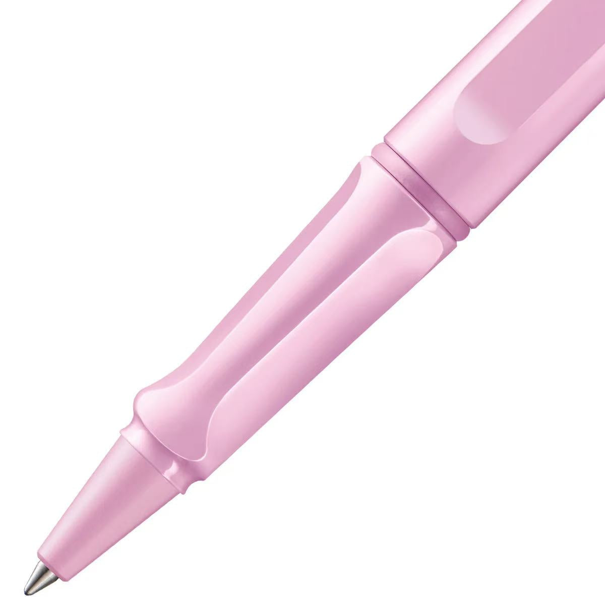 close-up of lamy safari light rose rollerball pen