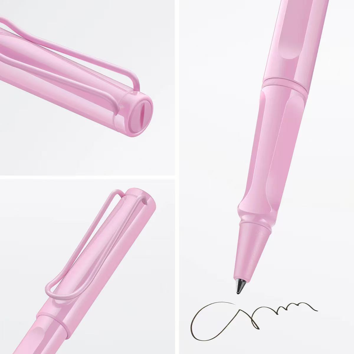 lamy safari light rose rollerball pen with a close-up of the cap and body, and a signature on a white background.