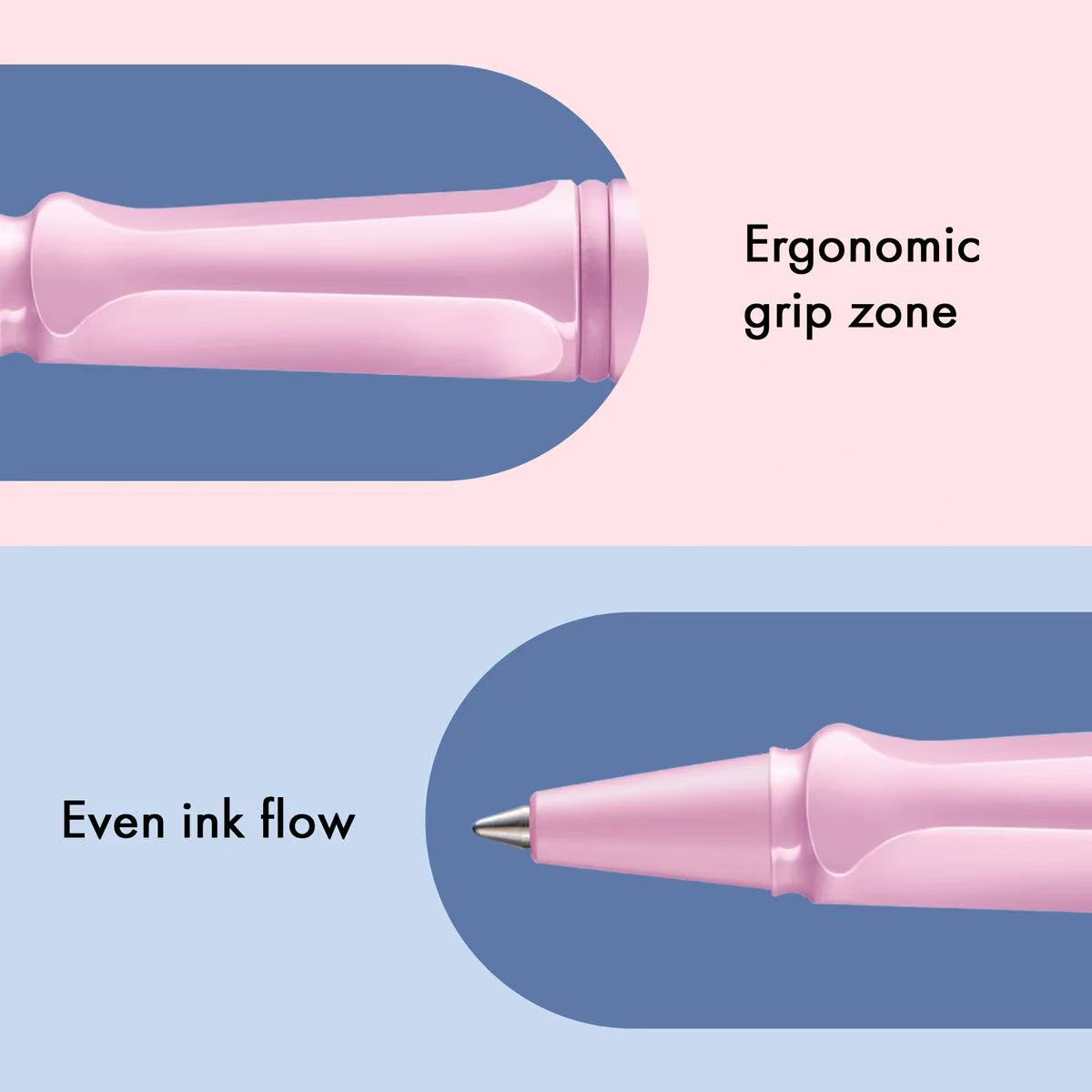 lamy safari light rose rollerball pen with ergonomic grip zone and even ink flow highlighted on a blue background
