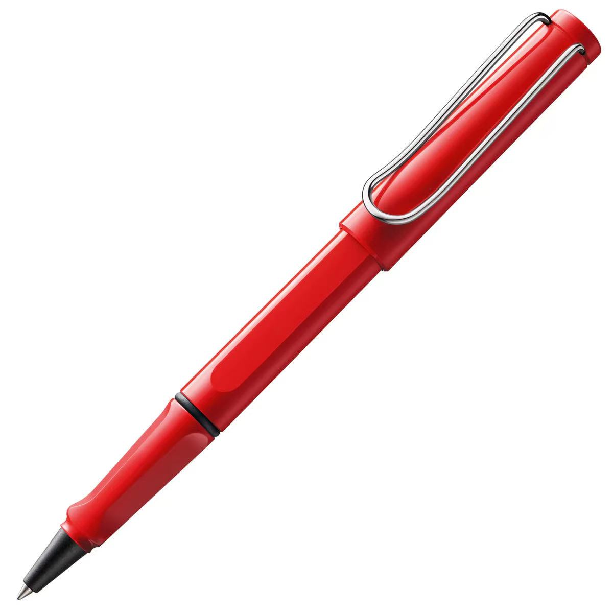 LAMY safari Red rollerball pen with a silver clip on a white background