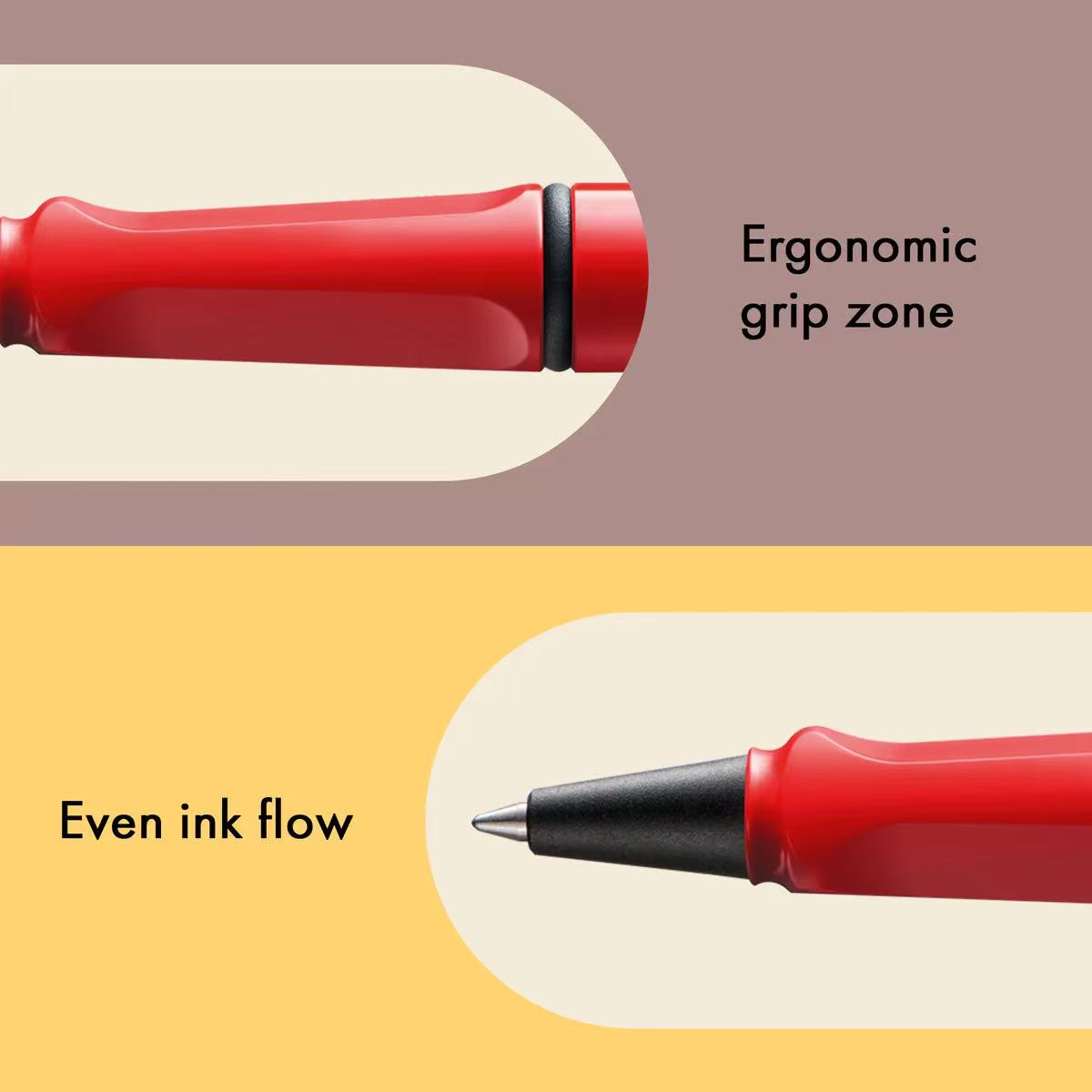 LAMY safari Red rollerball pen with ergonomic grip zone and even ink flow highlighted on a multicolored background