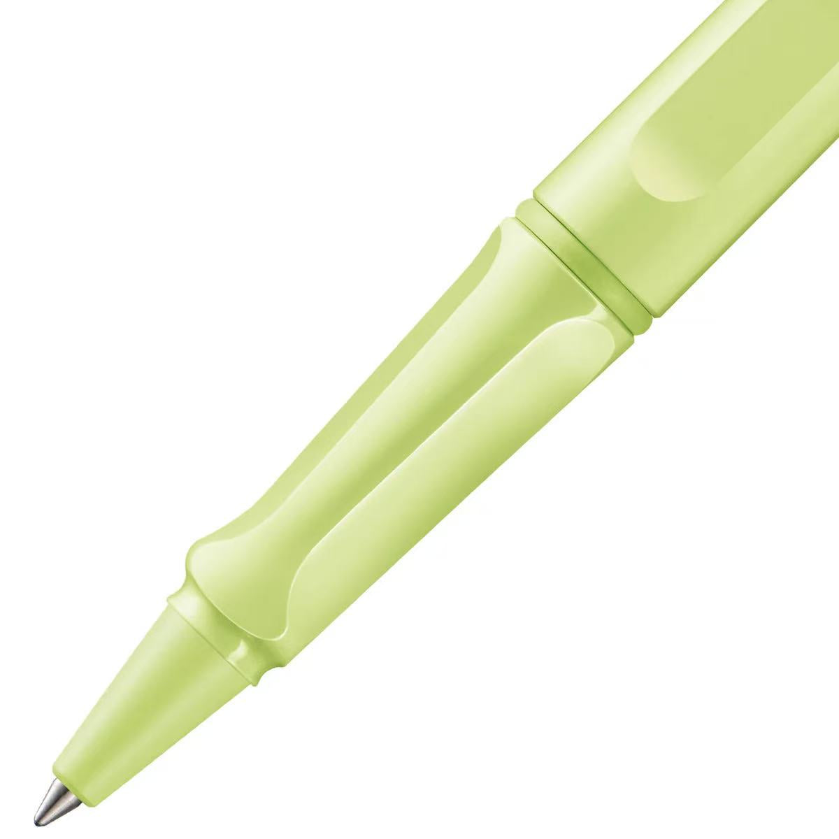 closeup of lamy safari spring green rollerball pen