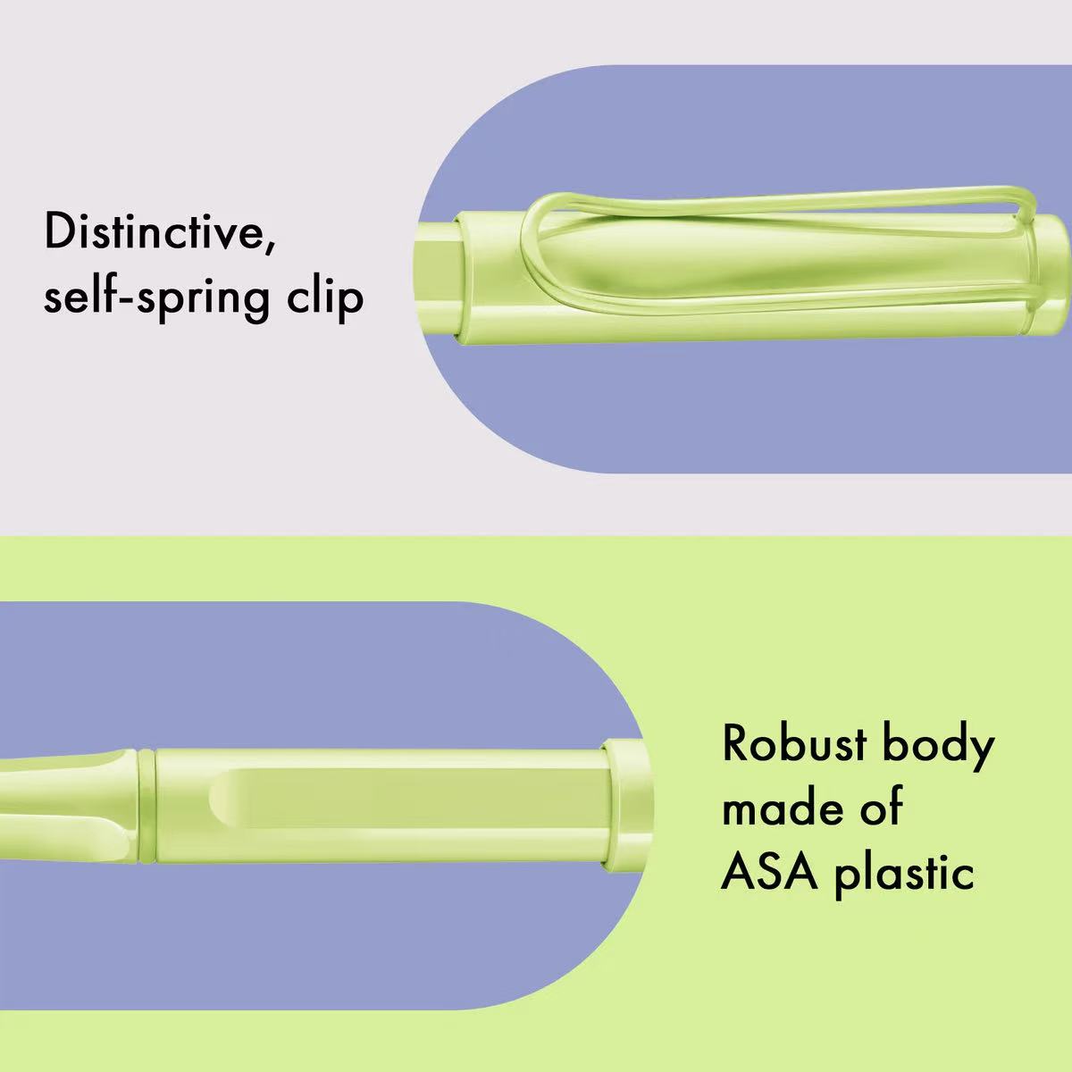 lamy safari spring green rollerball pen with text highlighting 'distinctive, self-spring clip' and 'robust body made of ASA plastic' on a purple and green background.