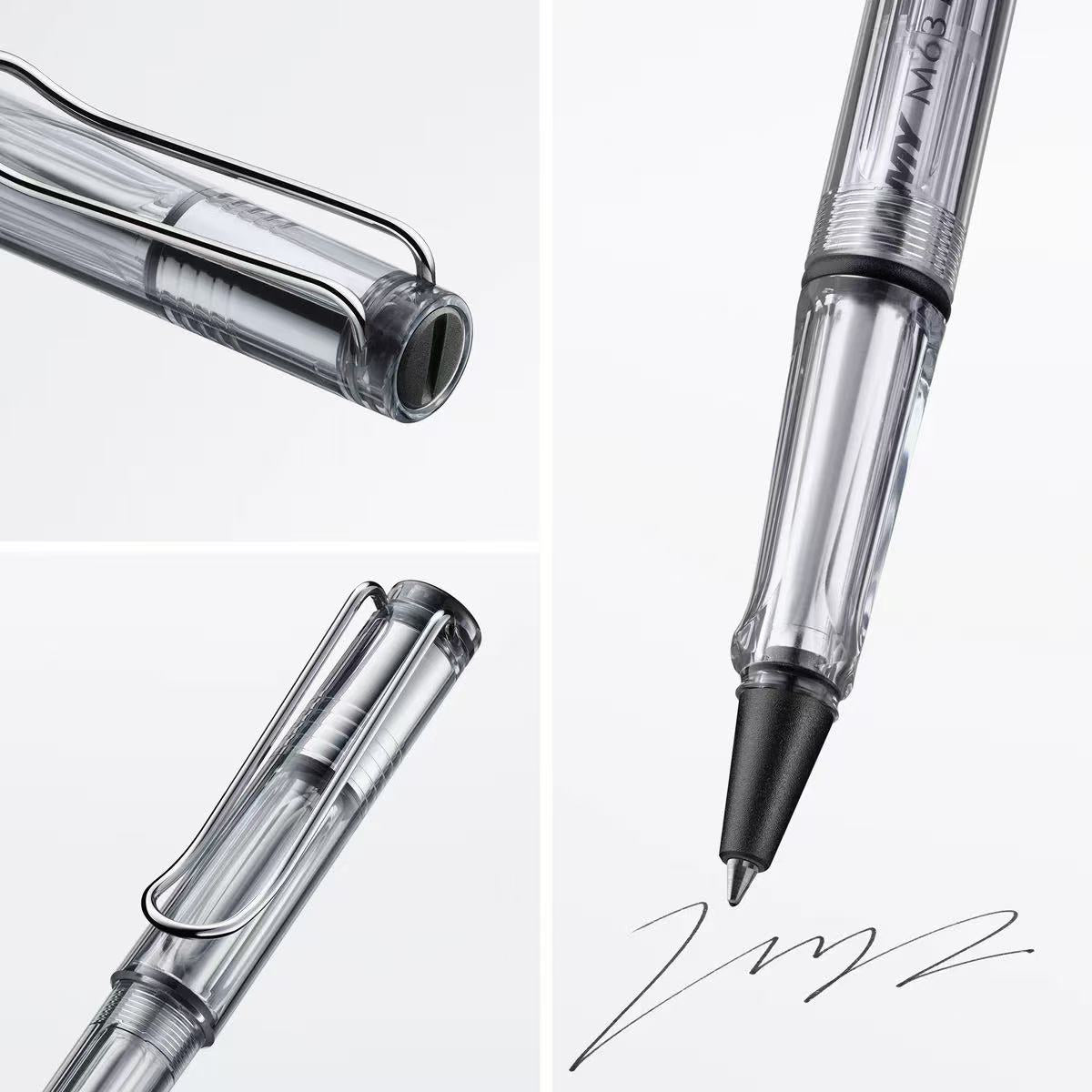 Close-up of a transparent pen with a black ink cartridge on a white background