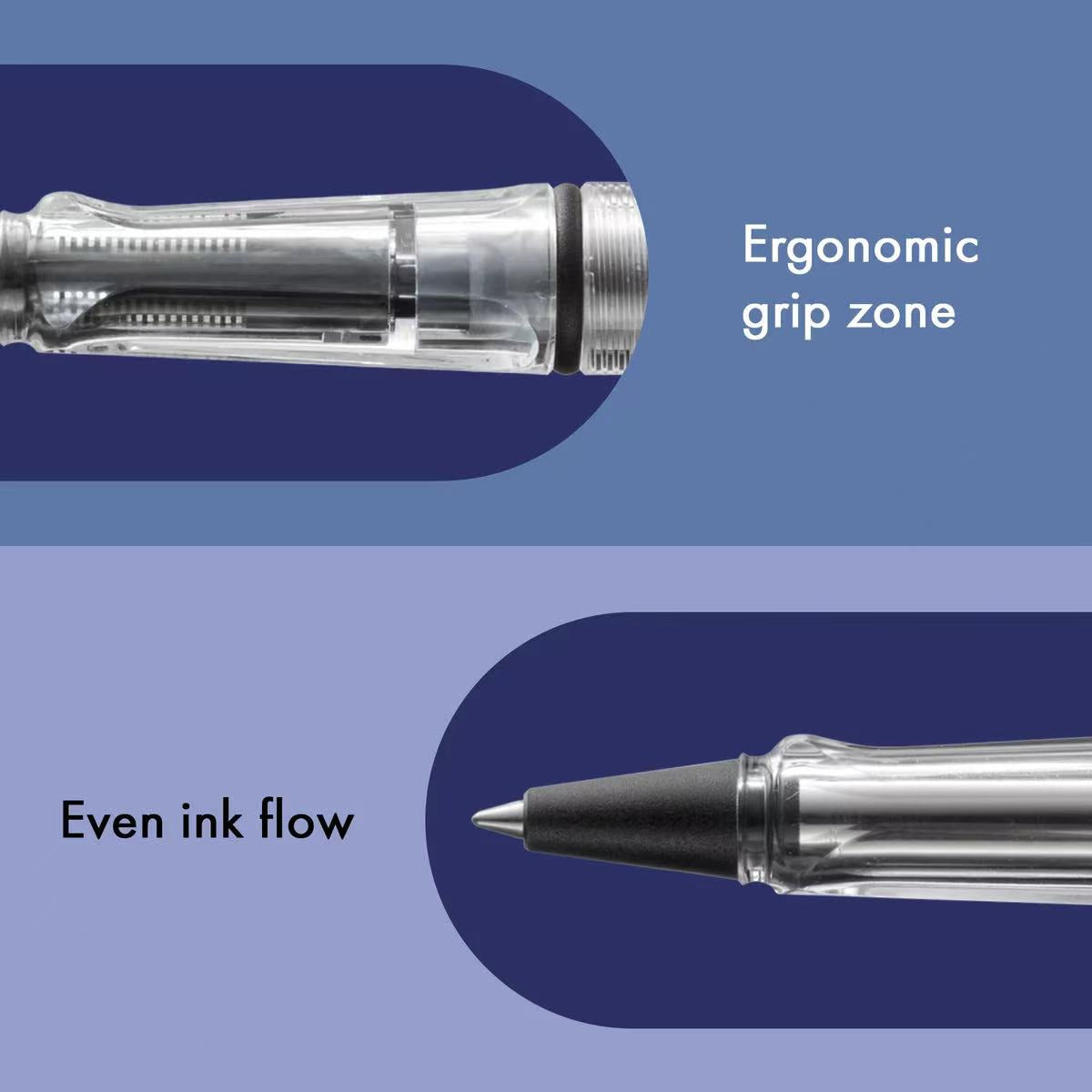 Ergonomic grip zone and even ink flow of a pen on a blue background