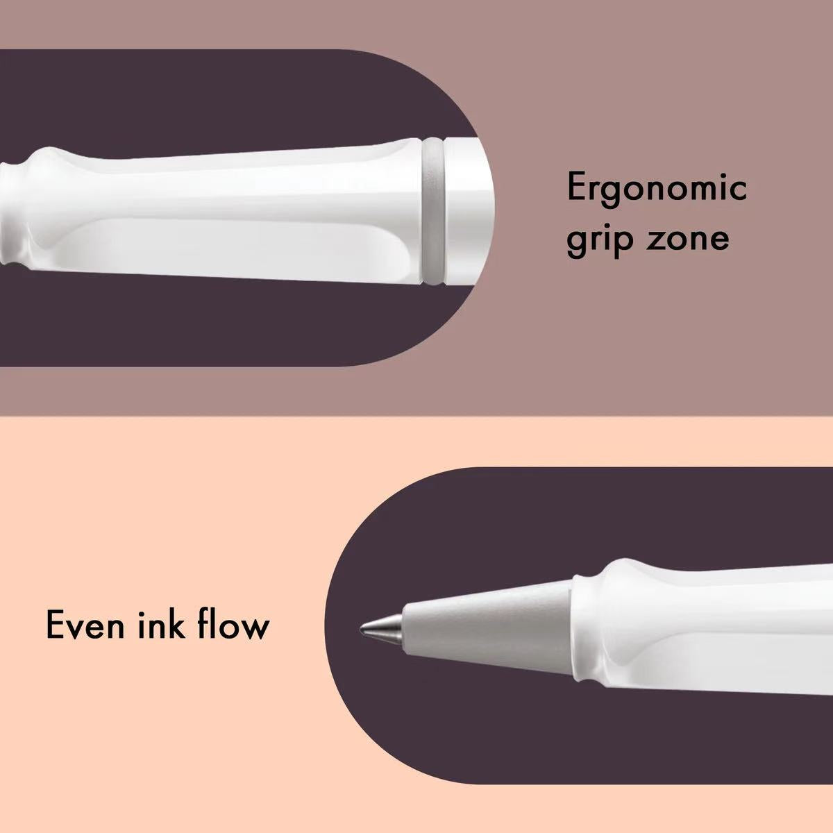 Ergonomic grip zone and even ink flow of a white pen on a two-tone background.