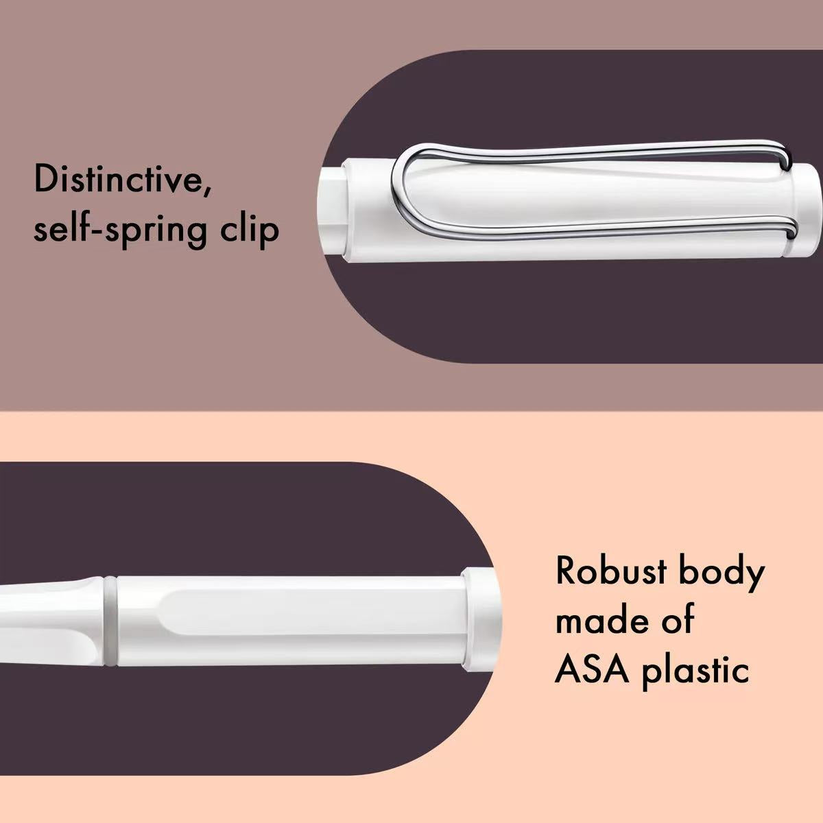 LAMY safari white rollerball pen with self-spring clip and ASA plastic body on a two-tone background