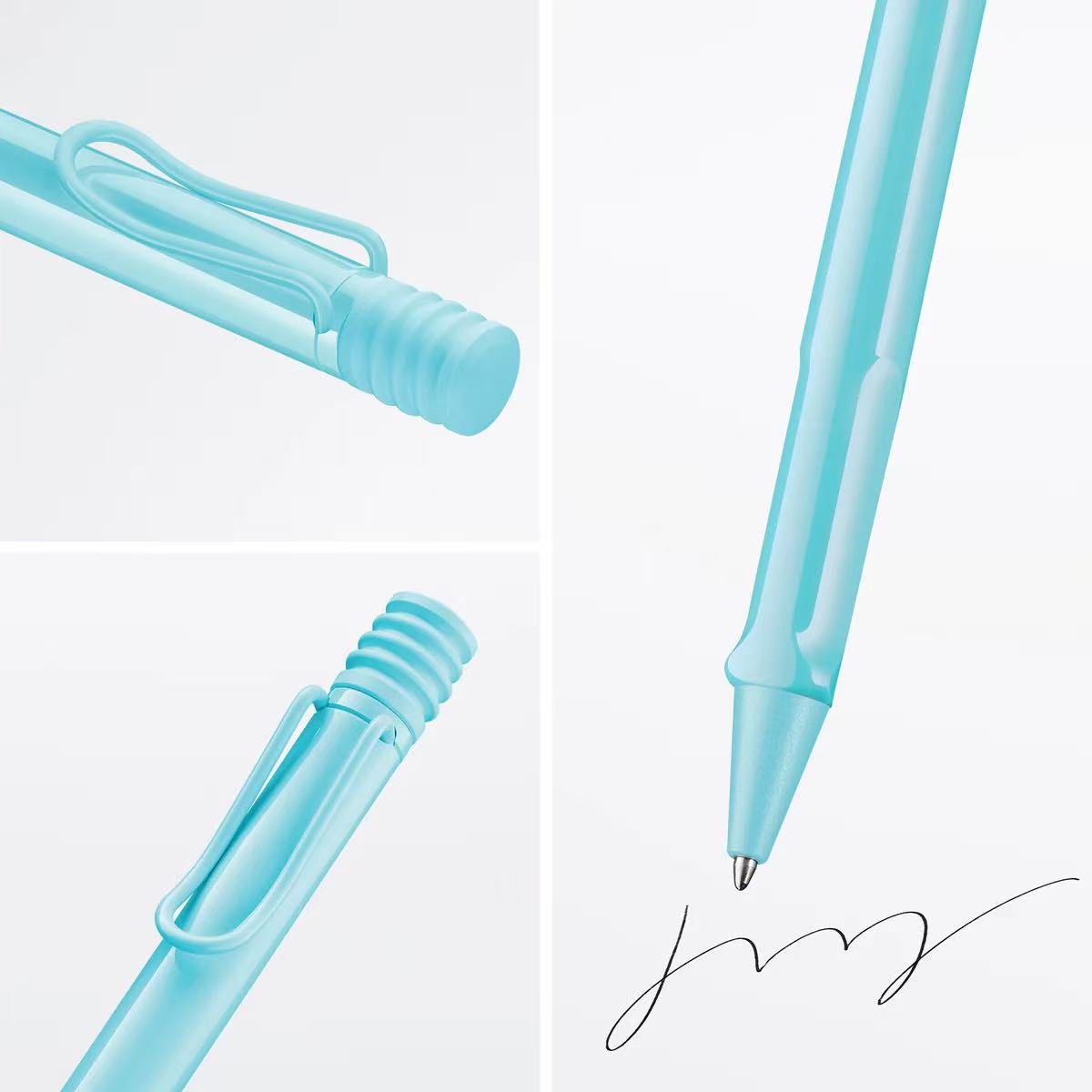 Light blue pen with a signature on a white background