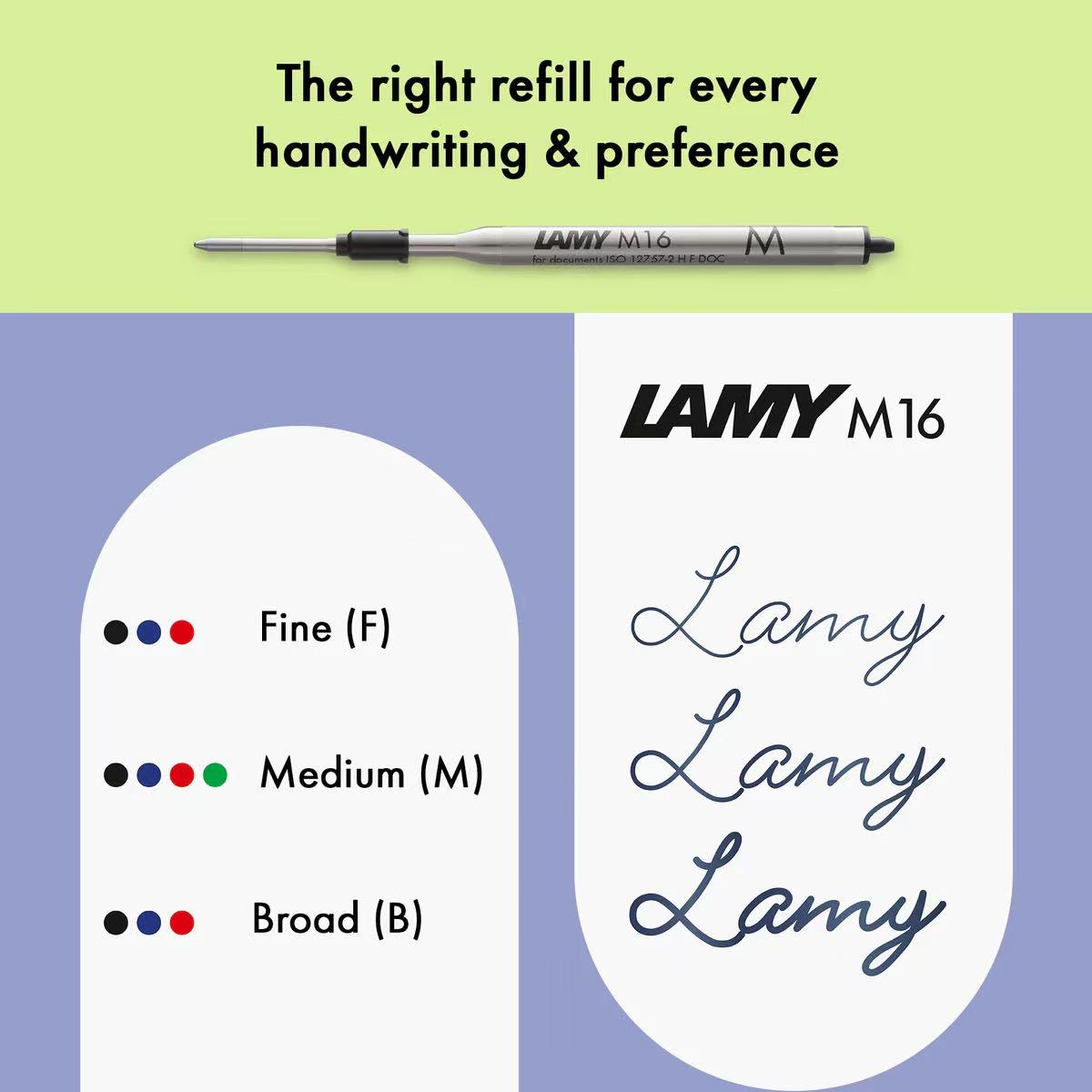 Lamy M16 pen refill with size options and branding on a green and purple background
