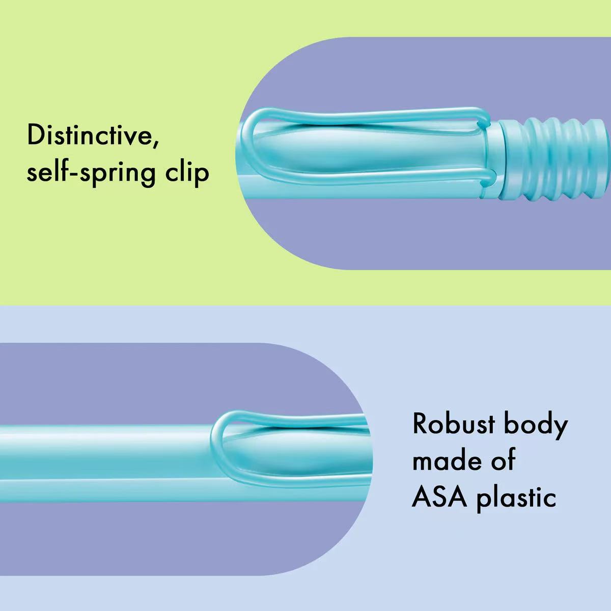 Teal clip with text highlighting 'Distinctive, self-spring clip' and 'Robust body made of ASA plastic' on a green and purple background.