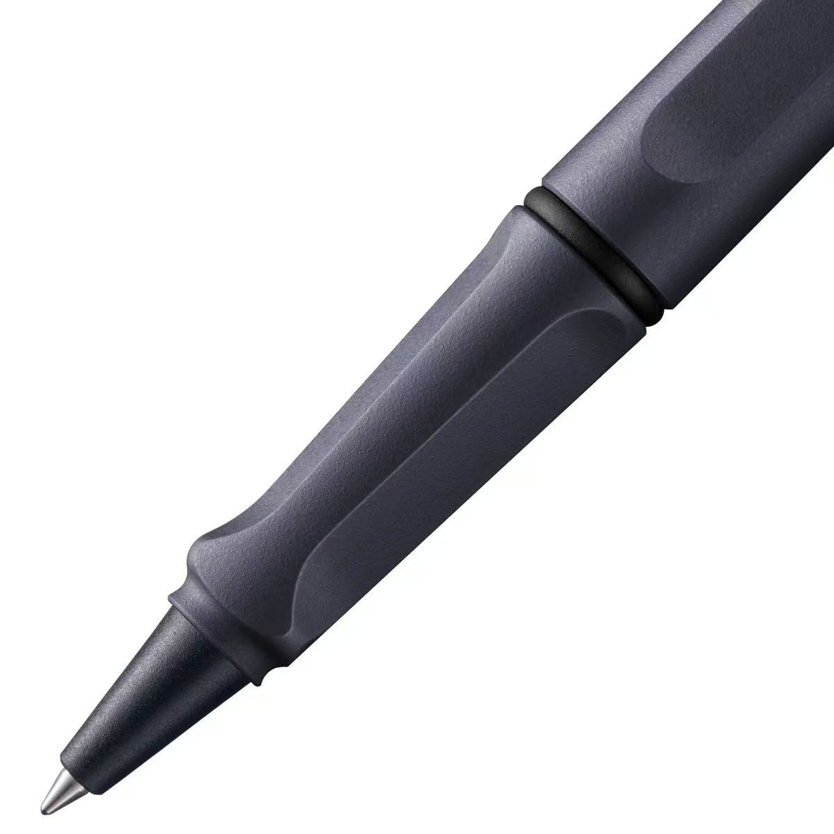 close-up of lamy safari steel black rollerball pen