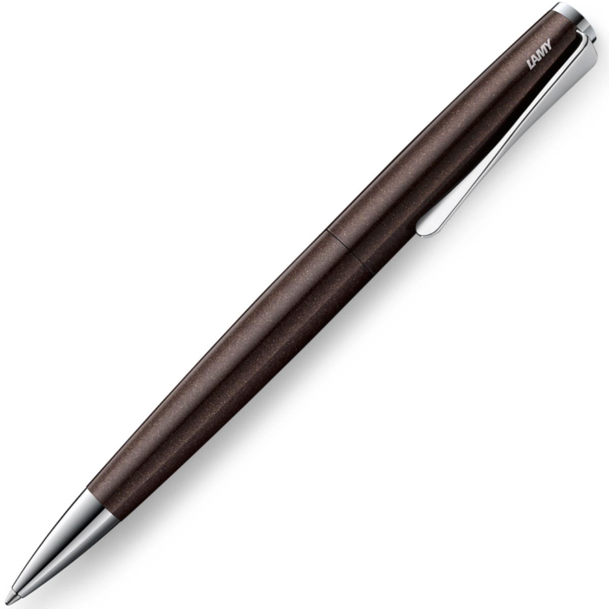 LAMY studio dark brown ballpoint pen with a glossy lacquer finish and a steel propeller-shaped clip.